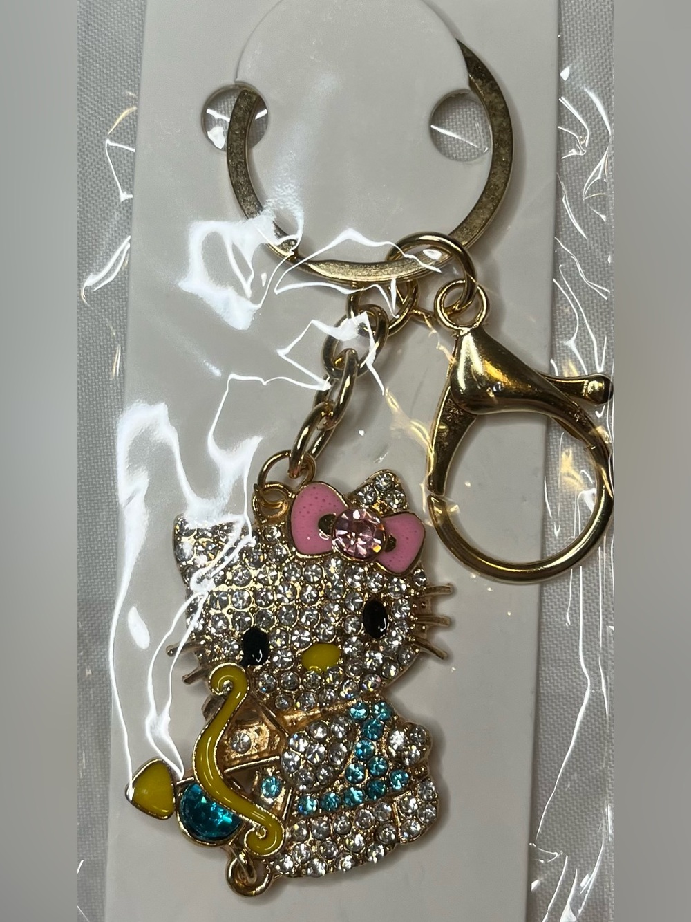 Hello Kitty Inspired Gold-Tone Pink Bow Crystal Keychain Bag Charm